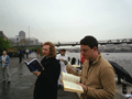 Matt and Ian mid-Shrew, against the backdrop of the Wobbly Bridge (ND)